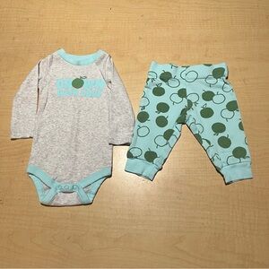 Okie Dokie Baby Bodysuit Pants Set Aqua Gray Apples 3m
